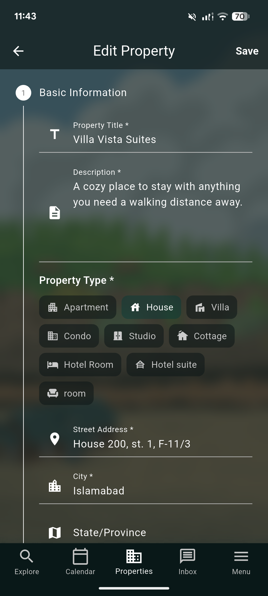 Manage properties screen 2