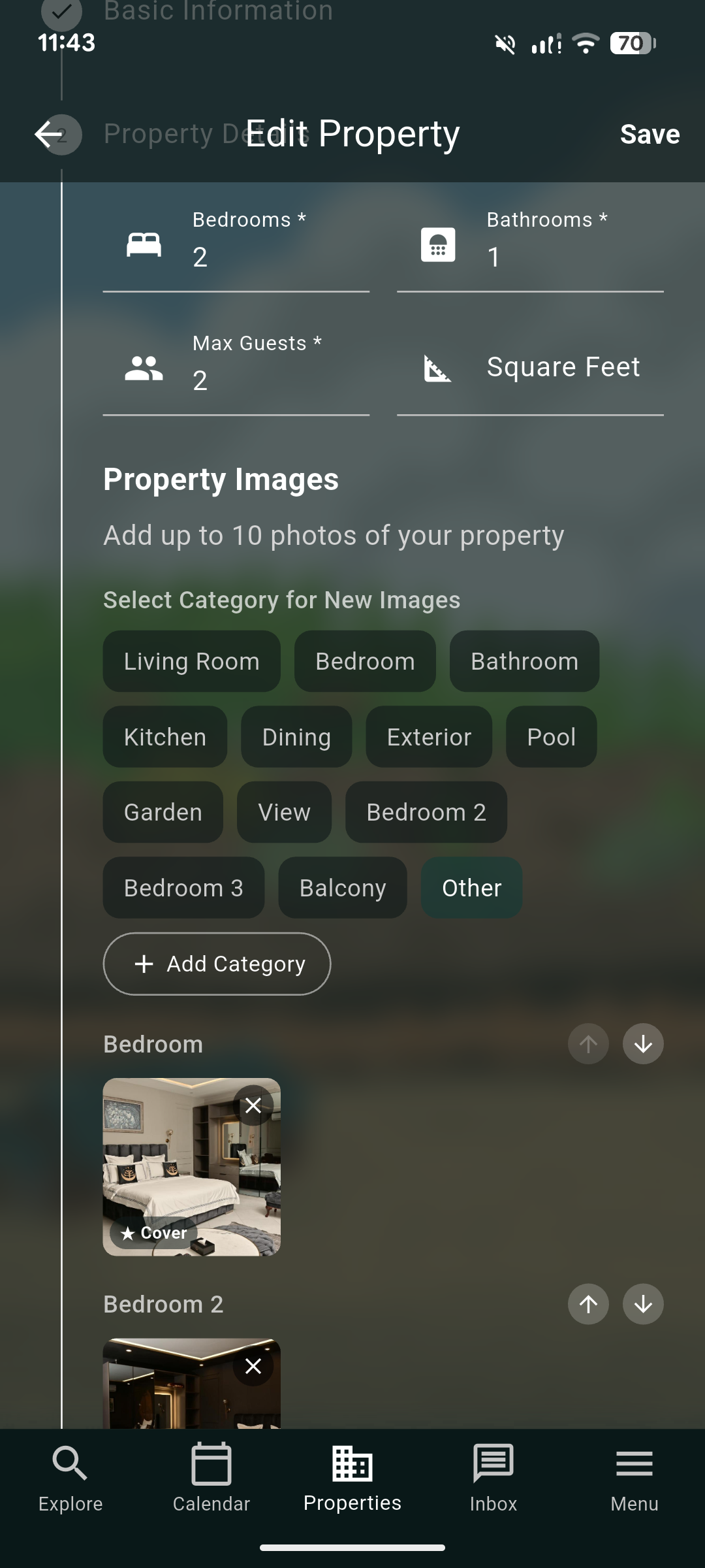 Manage properties screen 3